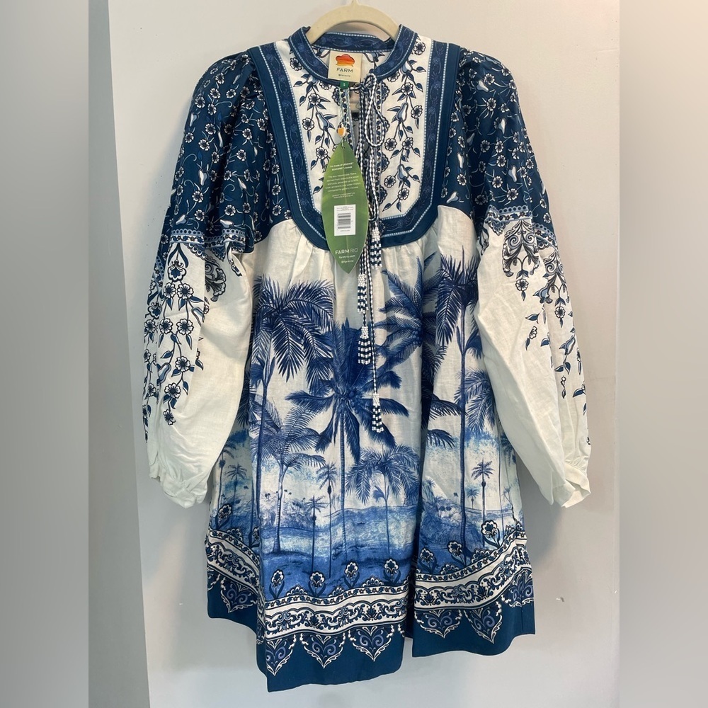 NWT Farm Rio Palm Tree Off White and blue balloon sleeve mini dress womens Small - Picture 4 of 6